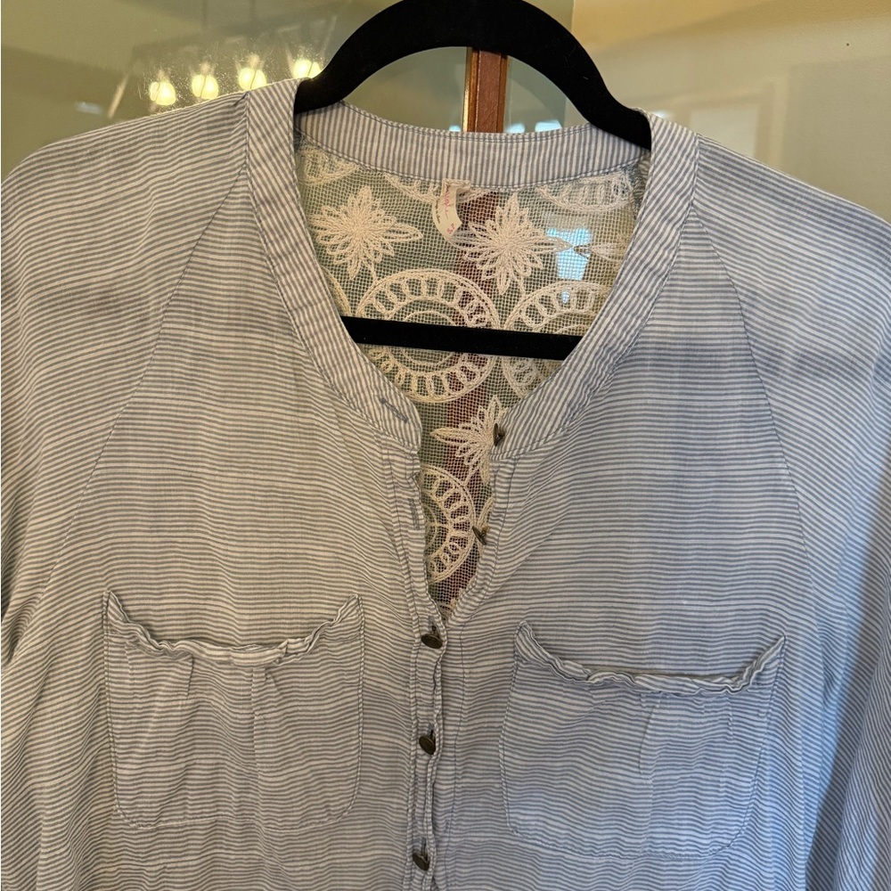 Free People Put Your Back Into It Lace Back Pale Blue Pinstripe Button-Down - S - Picture 3 of 5